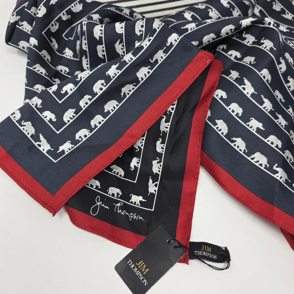 Jim Thompson Reversible 100% Thai Silk Elephant Scarf Navy Black Red 70x17 NWT